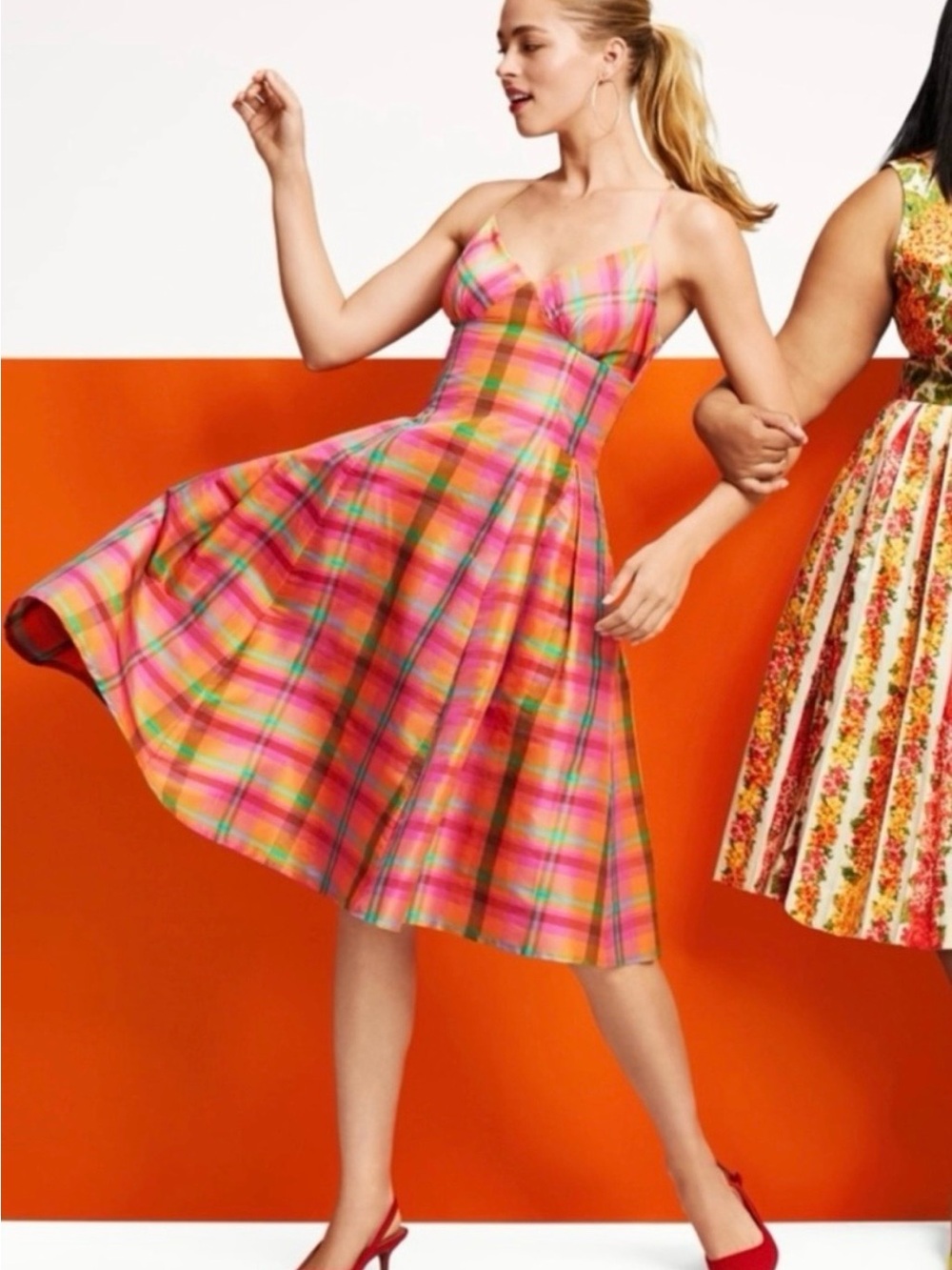 Isaac Mizrahi for Target silk Multicolor Pink Orange Plaid Fit and Flare Dress